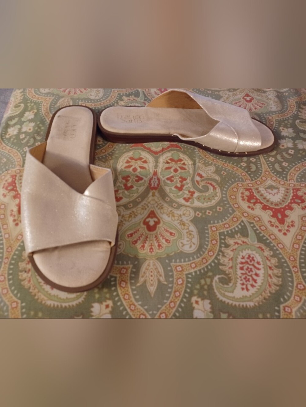 Franco Sarto 9.5 Glittery Cream Metallic Leather Slide Sandals Shoes Riviera